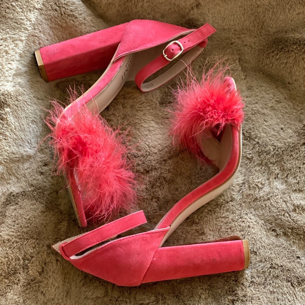 Orange faux fur block heel